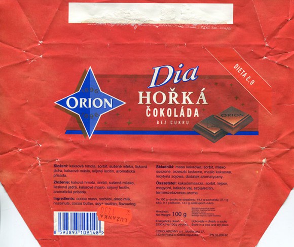 Dia, dark chocolate, 100g, 07.02.1994, Cokoladovny a.s., Orion, Praha, Czech Republic