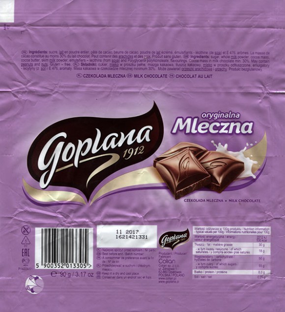 Goplana, milk chocolate, 90g, 11.2016, Colian sp. z o.o., Opatowek, Poland