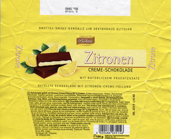 Chocolate with lemons cream filling, 100g, 08.2014, Delitzscher, Delitzsch/Eilenburg, Germany