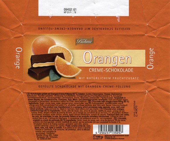 Bohme, Orangen, chocolate with orange-cream filling, 100g, 01.2015, Delitzscher, Delitzsch/Eilenburg, Germany