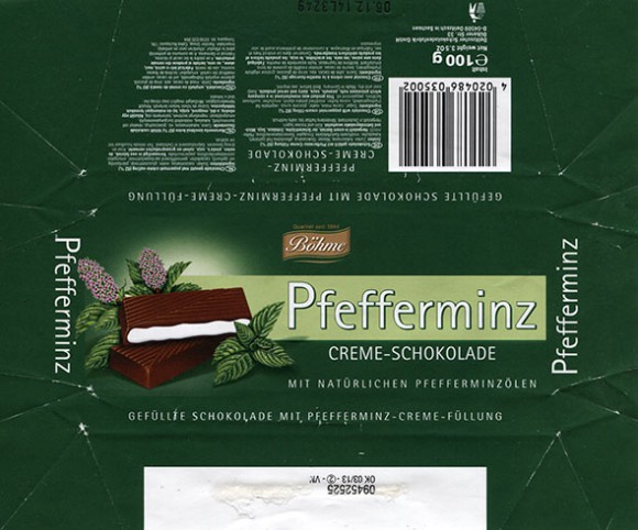 Bohme, Pfefferminz, chocolate with mint-cream filling, 100g, 06.12.2013, Delitzscher, Delitzsch/Eilenburg, Germany