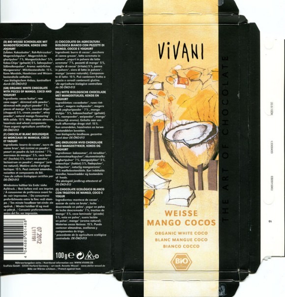 Vivani, the art of chocolate, organic white chocolate with pieces of mango, coco and yoghurt, 100g, 07.2011, EcoFinia GmbH, Herford, Germany/ art work Annette Wessel