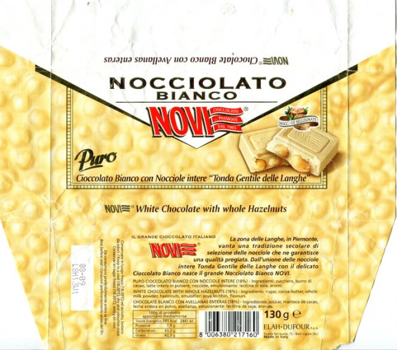 Nocciolato Bianco, wihte chocolate with whole hazelnuts, 130g, 08.2008, Elah Dufour S.p.A, Novi Ligure, Italy 