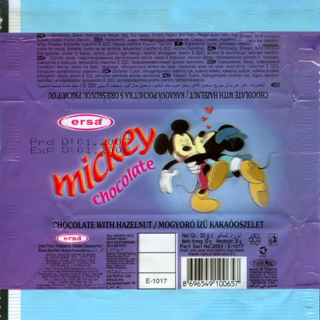Mickey chocolate, milk chocolate with hazelnut, 20g, 01.2007, Ersa Sakiz Sekerleme Ve Gida San. Tic. Ltd, Istanbul, Turkey