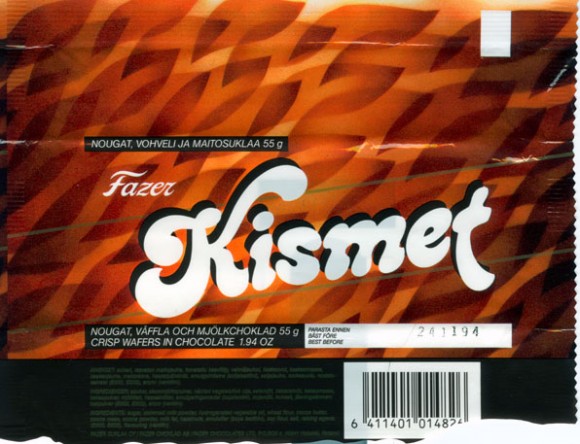 Kismet, crisp wafers with chocolate, 55g, 24.11.1993
Fazer Suklaa OY, Helsinki, Finland