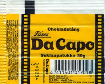 DaCapo, milk chocolate, 20g, 04.02.1993
Fazer Suklaa OY, Helsinki, Finland