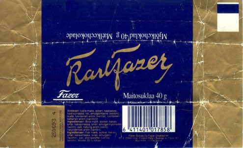 Karlfazer, milk chocolate, 40g, 25.06.1992
Fazer Suklaa OY, Helsinki, Finland