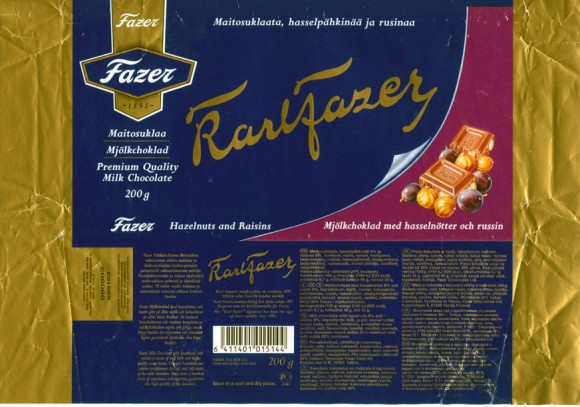 Karlfazer, milk chocolate with hazelnuts and raisins, 200g, 08.08.2002
Fazer Suklaa OY, Helsinki, Finland