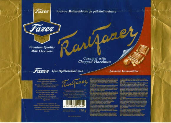Karlfazer, milk chocolate, caramel with chopped hazelnuts,170g,03.10.1996
Fazer Suklaa OY, Helsinki, Finland