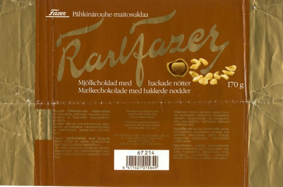 Karlfazer, milk chocolate with nuts,170g,
Fazer Suklaa OY, Helsinki, Finland