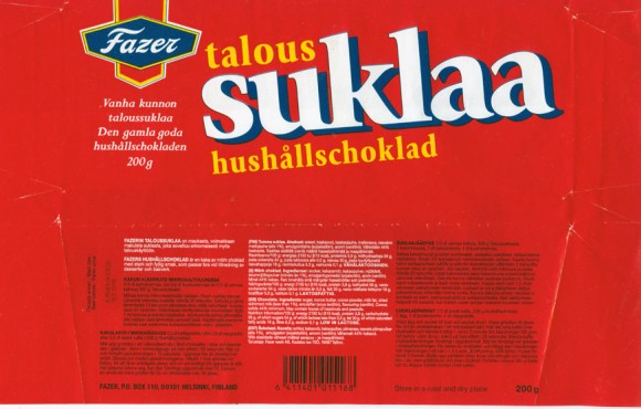 Taloussuklaa, dark chocolate, 200g, 18.04.2002
Fazer Suklaa OY, Helsinki, Finland