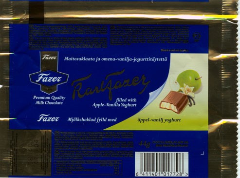 KarlFazer, milk chocolate filled with apple vanilla yoghurt, 44g, 07.06.2004
Fazer, Helsinki, Finland