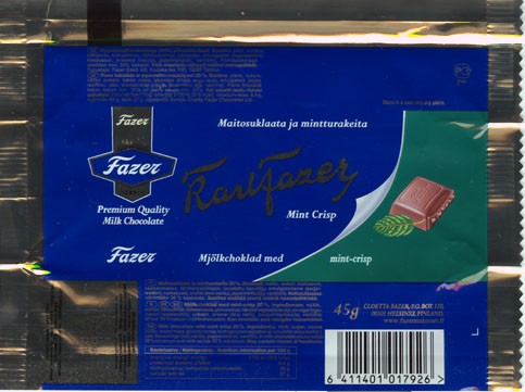 KarlFazer milk chocolate mint crisp, 45g, 15.09.2004
Fazer, Helsinki, Finland