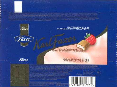KarlFazer,milk chocolate with raspberry yoghurt, 44g, 25.01.2006, Cloetta Fazer, Helsinki, Finland