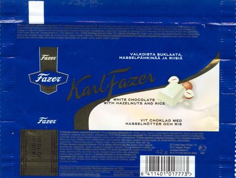 KarlFazer, white chocolzte with hazelnuts and rice, 42g, 20.10.2006, Cloetta Fazer Chocolate Ltd, Helsinki, Finland