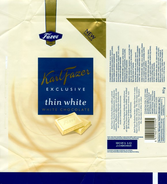 KarlFazer, exclusive, thin white chocolate, 80g, 01.12.2006, Cloetta Fazer Chocolate Ltd, Helsinki, Finland