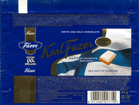 KarlFazer, white and milk chocolate, 44g, 2006, Cloetta Fazer Chocolate Ltd, Helsinki, Finland