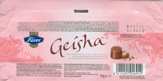 Geisha, milk chocolate with soft hazelnut filling, 65g, 15.01.2008, Cloetta Fazer Chocolate Ltd, Helsinki, Finland
