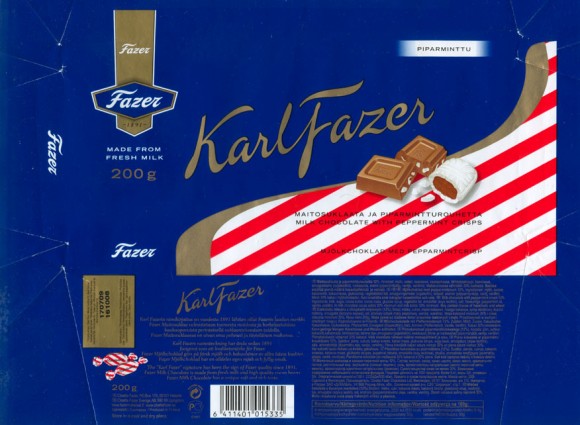 KarlFazer, milk chocolate with peppermint crisps, 200g, 16.10.2008, Cloetta Fazer Chocolate Ltd, Helsinki, Finland