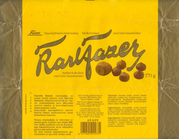 KarlFazer, milk chocolate with hazelnuts, 170g, 03.09.1992, Fazer Suklaa oy, Helsinki, Finland