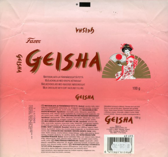 Geisha, milk chocolate with soft hazelnut filling, 100g, 10.01.1996, Fazer Chocolates Ltd, Helsinki, Finland