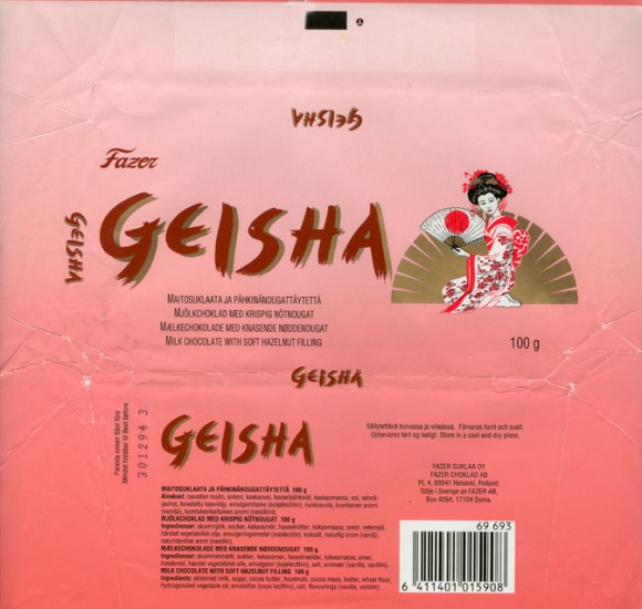 Geisha, milk chocolate with soft hazelnut filling, 100g, 30.12.1993, Fazer Suklaa OY, Helsinki, Finland