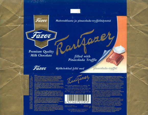 KarlFazer, premium quality milk chocolate, milk chocolate filled with pinacolada truffle, 100g, 29.05.1997, Fazer, Helsinki, Finland
