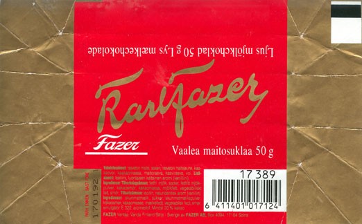 KarlFazer, milk chocolate, 50g, 17.01.1991, Fazer, Vantaa, Finland