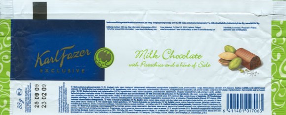 Karl Fazer exclusive, milk chocolate with pistachios and a hint of salt, 33g, 23.02.2009, Fazer Makeiset, Helsinki, Finland