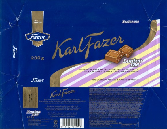 Karl Fazer, Lontoo rae, milk chocolate with liquorice dragees, 200g, 15.07.2009, Fazer Makeiset, Helsinki, Finland