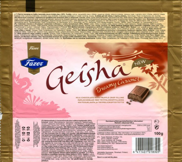 Geisha, Dreaming caramel, milk chocolate with truffle crisp filling, 100g, 04.02.2010, Fazer, Helsinki, Finland