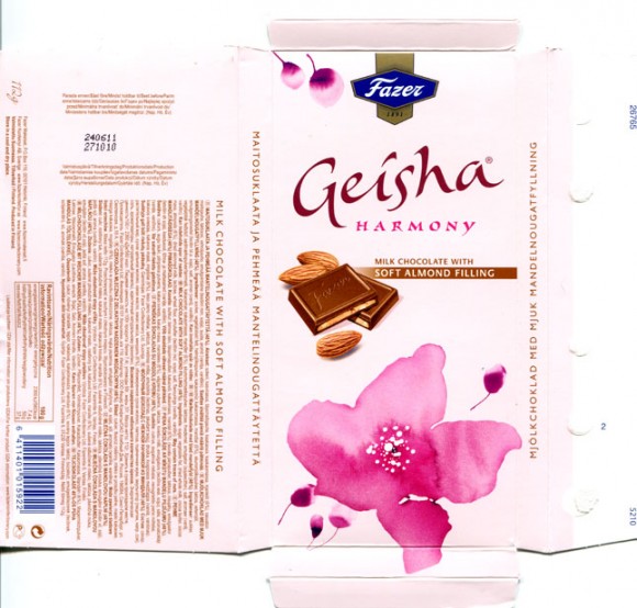 Geisha Harmony, milk chocolate with soft almond filling, 112g, 27.10.2010, Fazer Makeiset, Helsinki, Finland
