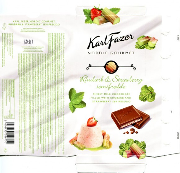 KarlFazer, Nordic Gourmet, milk chocolate with rhubarb, strawberry and milk filling, 125, 28.04.2011, Fazer Makeiset, Helsinki, Finland