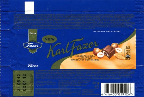 Karl Fazer milk chocolate with chopped hazelnuts, 37g, 02.01.2012, Fazer Makeiset, Helsinki, Finland