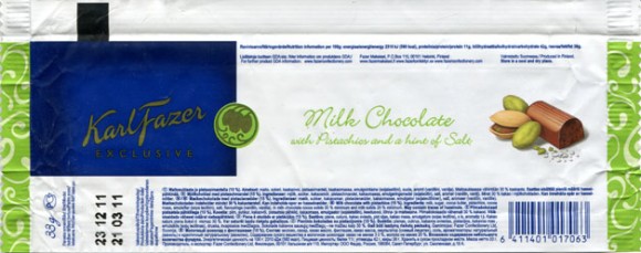 Karl Fazer exclusive, milk chocolate with with pistachios and a hint of salt, 33g, 21.03.2011, Fazer Makeiset, Helsinki, Finland