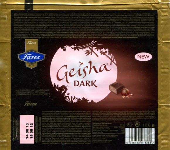 Geisha Dark, dark chocolate with soft hazelnut filling, 100g, 15.08.2012, Fazer Makeiset, Helsinki, Finland