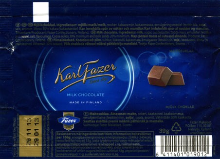 KarlFazer, milk chocolate, 39g, 29.01.2013, Fazer Makeiset, Helsinki, Finland