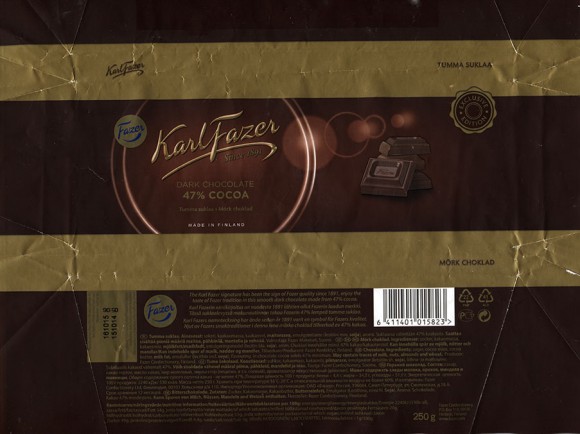 KarlFazer Since 1891, Chocolate 47% cocoa, 250g, 15.10.2014, Fazer Makeiset oy, Helsinki, Finland
