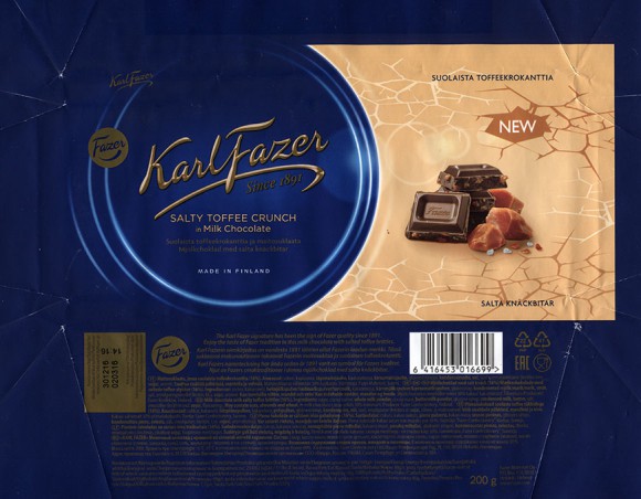 KarlFazer Since 1891, milk chocolate with salty toffee brittles, 200g, 02.03.2016, Fazer Makeiset oy, Helsinki, Finland