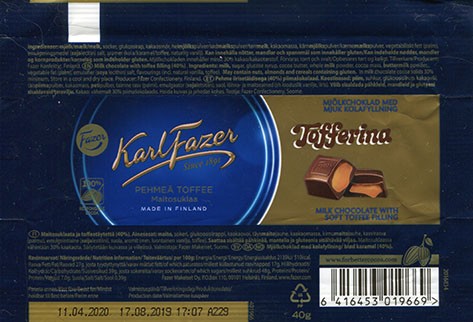 Karl Fazer, Tofferina, milk chocolate with soft toffee filling, 40g, 17.08.2019, Fazer Makeiset Oy, Helsinki, Finland