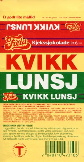 Kvikk Lunsj, chocolate with biscuits, a good snack, 40g, about 1995, Freia, Oslo, Norway