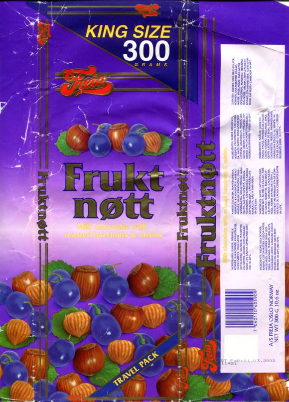 Frukt nott, milk chocolate with roasted hazelnuts and raisins, 300g, 01.03.2001, Freia, Oslo, Norway
