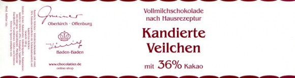 Kandierte Veilchen, milk chocolate, 100g, Confiserie Kaffeehaus Gmeiner, Oberkirch, Germany