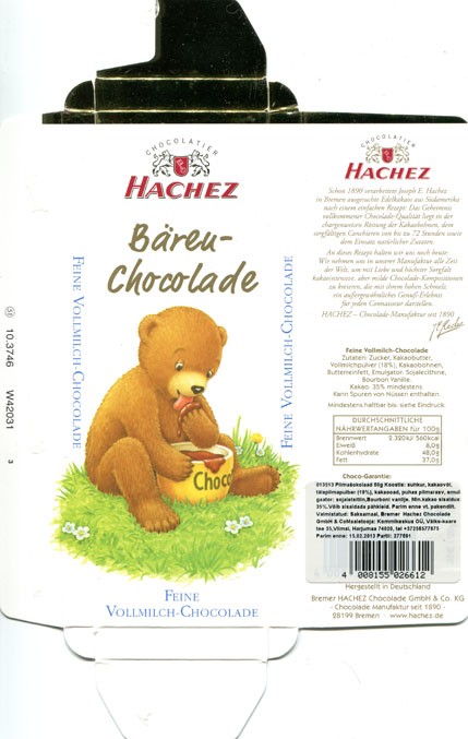 Bareu-chocolate, fine milk chocolate, 100g, 2012, Bremer Hachez Chocolade GmbH& Co. KG, Bremen, Germany