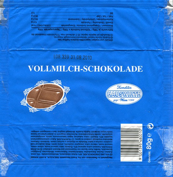 Milk chocolate, 100g, 31.08.2009, Fa. Franz Hauswirth Ges.m.b.H, Kittsee, Austria