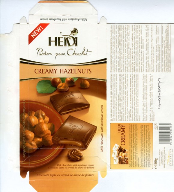 Creamy hazelnuts, milk chocolate with hazelnuts cream, 100g, 14.03.2007, Heidi Chocolats Suisse S.A., Jud.Ilfov, Romania