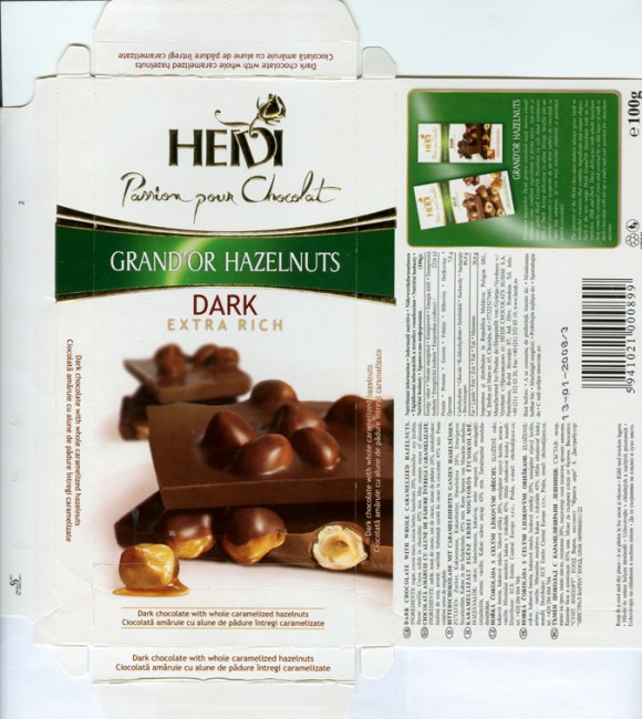Dark chocolate with whole caramelized hazelnuts, 100g, 13.01.2007, Heidi Chocolats Suisse S.A., Jud.Ilfov, Romania