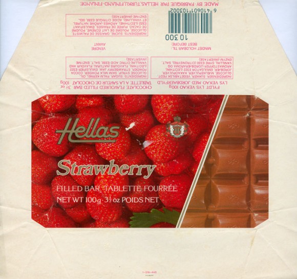 Hellas, milk chocolate filled with strawberry flavoured cream, 100g, 01.03.1987, Hellas, Turku, Finland