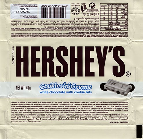 CookiesnCreme, white chocolate with cookie bits, 40g, 26.05.2015, Produced in Peoples Republic of China, The Hershey Company China (Lotte Shanghai Food Co Ltd)