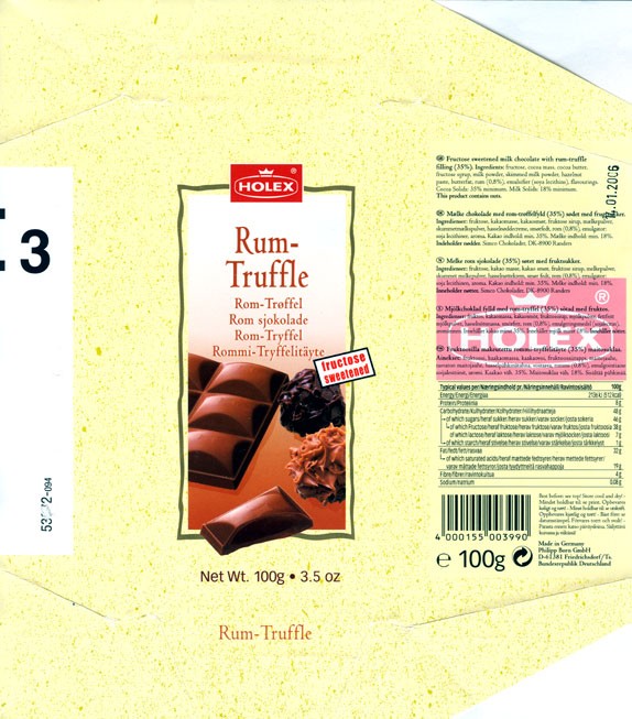 Fructose sweetened milk chocolate with rum-truffle filling, 100g, 14.01.2005, Philipp Born GmbH D-61381 Friedrichsdorf, Germany